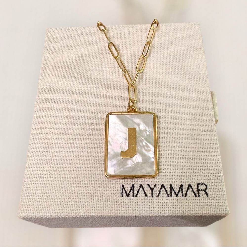 Mother of Pearl 24K Gold Plated J Initial Paperclip Necklace